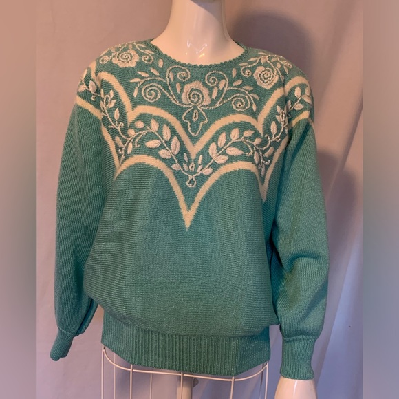 Green sweater vintage with pearl beaded designs - Picture 1 of 8